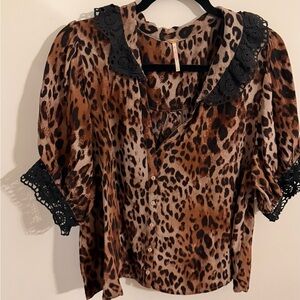 Leopard Print Puff Sleeve Blouse with Black Lace Trim
